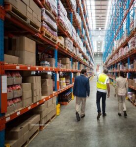 Supply chain consultants in a warehouse with equipment handling solutions and material handling equipment