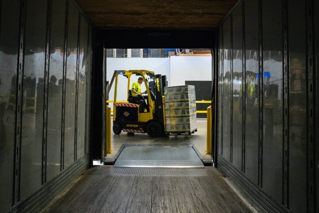 View of a forklift at an e-commerce warehouse for fulfillment automation